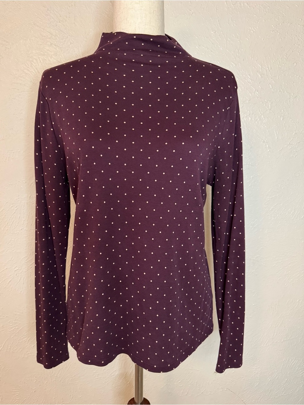 Ann Taylor Polka Dot Mock Neck Long Sleeve Top - Plum L